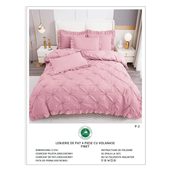 Lenjerie de Pat Dublu din Finet Premium Pucioasa, 4 Piese, cu Pliuri Brodate și Volane, Cearceaf Clasic, Roz Prăfuit Uni, Model P-2