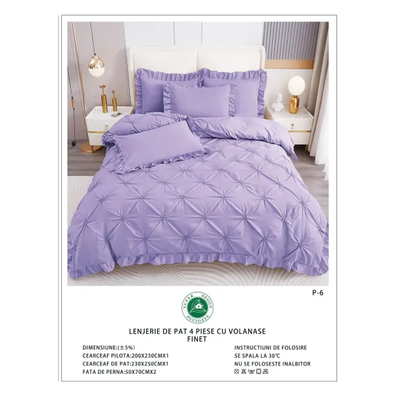 Lenjerie de Pat Dublu din Finet Premium Pucioasa, 4 Piese, cu Pliuri Brodate și Volane, Cearceaf Clasic, Lila / Violet Deschis Uni, Model P-6