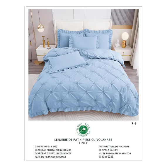 Lenjerie de Pat Dublu din Finet Premium Pucioasa, 4 Piese, cu Pliuri Brodate și Volane, Cearceaf Clasic, Albastru Deschis Uni, Model P-9