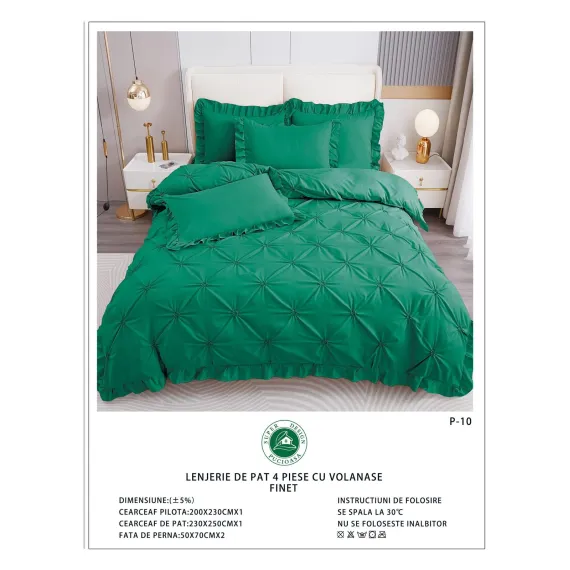 Lenjerie de Pat Dublu din Finet Premium Pucioasa, 4 Piese, cu Pliuri Brodate și Volane, Cearceaf Clasic, Verde Smarald Uni, Model P-10