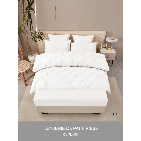 Lenjerie de Pat Dublu din Finet Premium Pucioasa, 6 Piese, cu Pliuri Brodate și Cearceaf cu Elastic, Alb Uni, Model Q-1