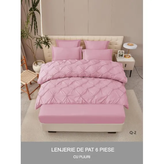 Lenjerie de Pat Dublu din Finet Premium Pucioasa, 6 Piese, cu Pliuri Brodate structural și Cearceaf cu Elastic, Roz Pal / Roz Deschis Uni, Model Q-2
