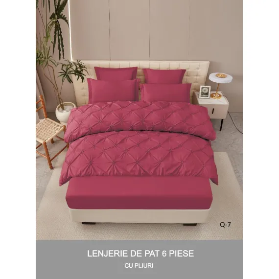 Lenjerie de Pat Dublu din Finet Premium Pucioasa, 6 Piese, cu Pliuri Brodate structural și Cearceaf cu Elastic, Grena / Vișiniu Uni, Model Q-7