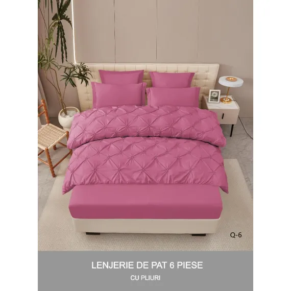 Lenjerie de Pat Dublu din Finet Premium Pucioasa, 6 Piese, cu Pliuri Brodate structural și Cearceaf cu Elastic, Roz Prăfuit, Model Q-6