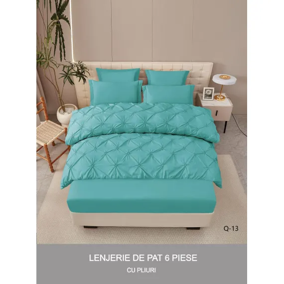 Lenjerie de Pat Dublu din Finet Premium Pucioasa, 6 Piese, cu Pliuri Brodate și Cearceaf cu Elastic, Turcoaz Uni, Model Q-13