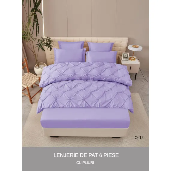 Lenjerie de Pat Dublu din Finet Premium Pucioasa, 6 Piese, cu Pliuri Brodate structural și Cearceaf cu Elastic, Lila / Violet Deschis Uni, Model Q-12