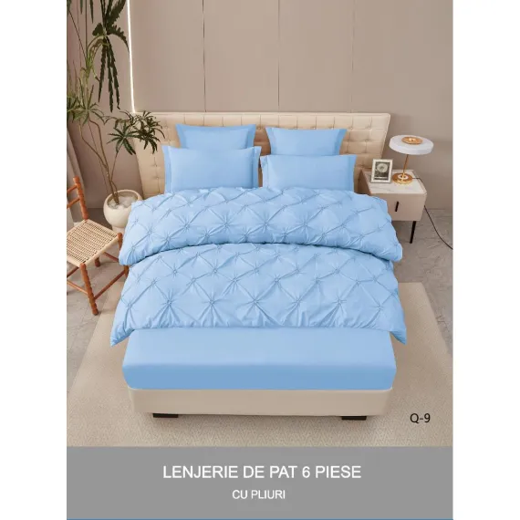 Lenjerie de Pat Dublu din Finet Premium Pucioasa, 6 Piese, cu Pliuri Brodate structural și Cearceaf cu Elastic, Albastru Deschis / Bleu Uni, Model Q-9