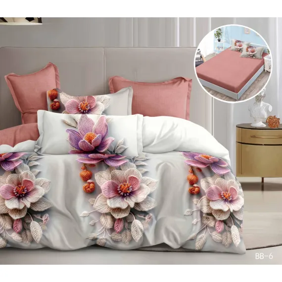 Lenjerie de Pat Dublu din Finet cu Elastic, Model 5D cu Flori Roz, 6 Piese