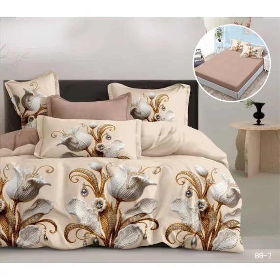 Lenjerie de Pat Dublu din Finet cu Elastic, Model 5D cu Flori Bej-Auriu, 6 Piese