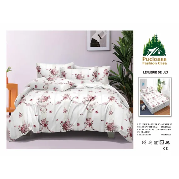 Lenjerie de Pat Dublu din Finet cu Cearceaf cu Elastic, Model Floral Romantic Pucioasa, 4 Piese