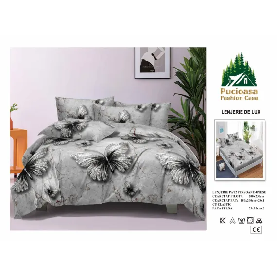 Lenjerie de Pat Dublu din Finet cu Cearceaf cu Elastic, Model Elegant cu Fluturi și Aspect de Marmură Pucioasa, 4 Piese