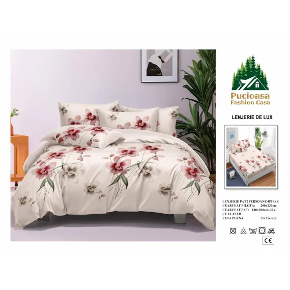 Lenjerie de Pat Dublu din Finet cu Cearceaf cu Elastic, Model Elegant cu Orhidee Pucioasa, 4 Piese