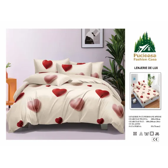 Lenjerie de Pat Dublu din Finet cu Cearceaf cu Elastic, Model Romantic cu Inimi Pucioasa, 4 Piese