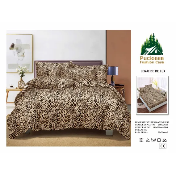 Lenjerie de Pat Dublu din Finet cu Cearceaf cu Elastic, Model Animal Print Leopard Pucioasa, 4 Piese