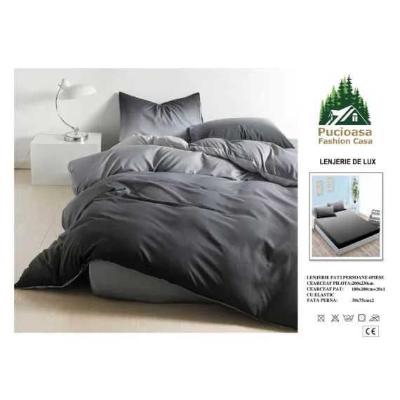 Lenjerie de Pat Dublu din Finet cu Cearceaf cu Elastic, Model Elegant în Degradé Gri Pucioasa, 4 Piese