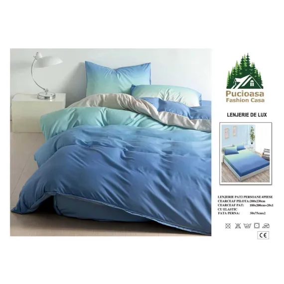 Lenjerie de Pat Dublu din Finet cu Cearceaf cu Elastic, Model Elegant în Degradé Albastru-Verde Pucioasa, 4 Piese