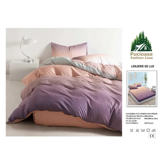 Lenjerie de Pat Dublu din Finet cu Cearceaf cu Elastic, Model Elegant în Degradé Mov-Piersică Pucioasa, 4 Piese