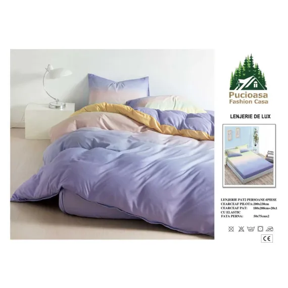 Lenjerie de Pat Dublu din Finet cu Cearceaf cu Elastic, Model Elegant în Degradé Pastel Multicolore Pucioasa, 4 Piese