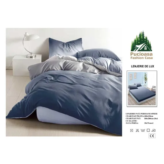 Lenjerie de Pat Dublu din Finet cu Cearceaf cu Elastic, Model Elegant în Degradé Albastru-Gri Pucioasa, 4 Piese