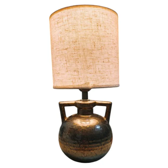 Veioză Amforă Ceramică, Bronz Metalic, Abajur Textil Crem, H31cm