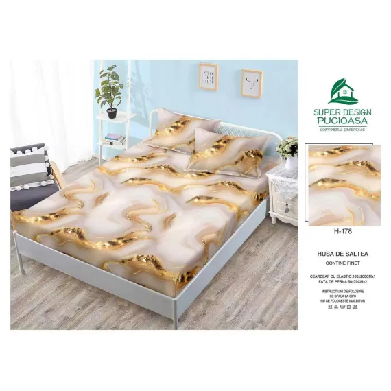 Husă cu elastic din finet model marmură cu inserții aurii și nuanțe bej-crem cu 2 fețe perna 160x200 cm