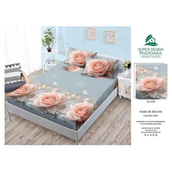 Husă cu elastic din finet model trandafiri roz 3D cu perle și fluturi pe fundal gri cu 2 fețe perna 160x200 cm