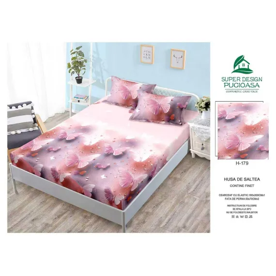 Husă cu elastic din finet model fluturi 3D roz și mov cu 2 fețe perna 160x200 cm