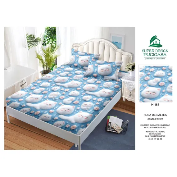 Husă cu elastic din finet model pisici albe pufoase și floricele roz pe fundal albastru cu 2 fețe perna 160x200 cm