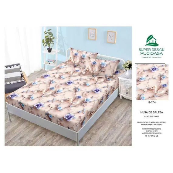 Husă cu elastic din finet model trandafiri lila și albaștri pe fundal crem-nude cu 2 fețe perna 160x200 cm