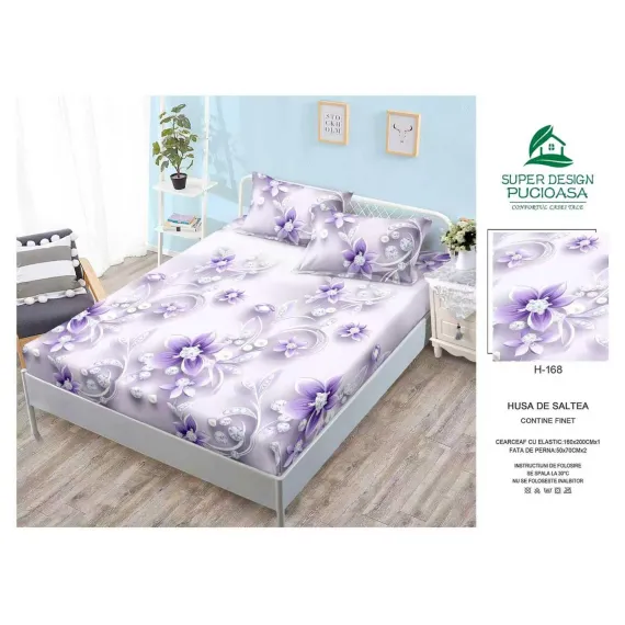 Husă cu elastic din finet model flori mov cu detalii de cristal și perle pe fundal alb-violet cu 2 fețe perna 160x200 cm