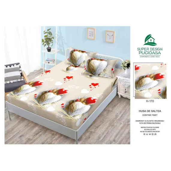 Husă cu elastic din finet model inimi mari și flori crem, alb și roșu cu 2 fețe perna 160x200 cm