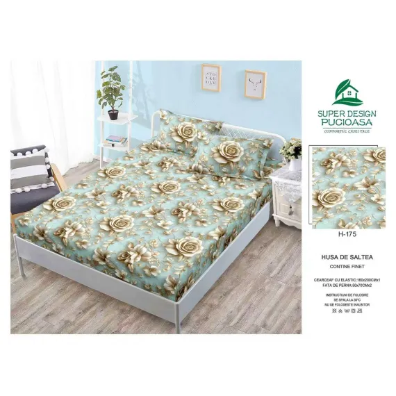 Husă cu elastic din finet model trandafiri mari bej-aurii pe fundal turcoaz deschis cu 2 fețe perna 160x200 cm