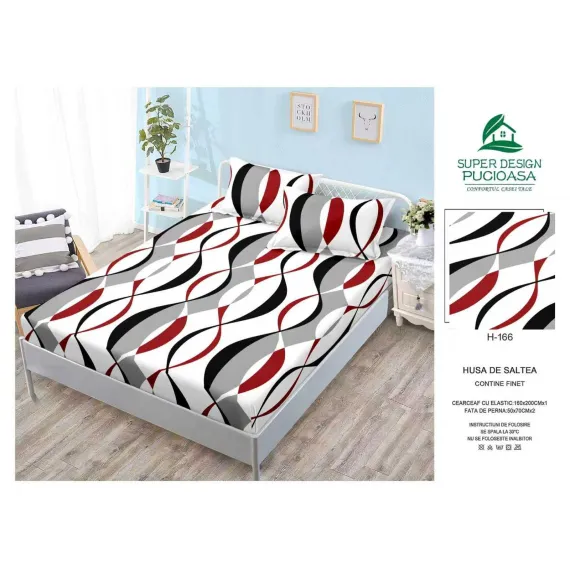 Husă cu elastic din finet model geometric cu valuri alb, gri, negru și roșu cu 2 fețe perna 160x200 cm