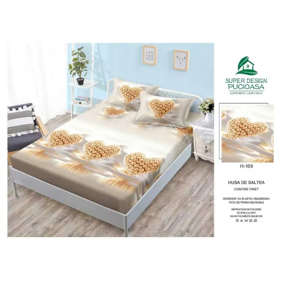 Husă cu elastic din finet model inimi 3D bej și crem cu 2 fețe perna 160x200 cm