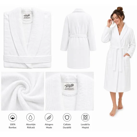 Set Complet Baie: 1 Halat Velur Mărime S/M și 2 Prosoape, Alb