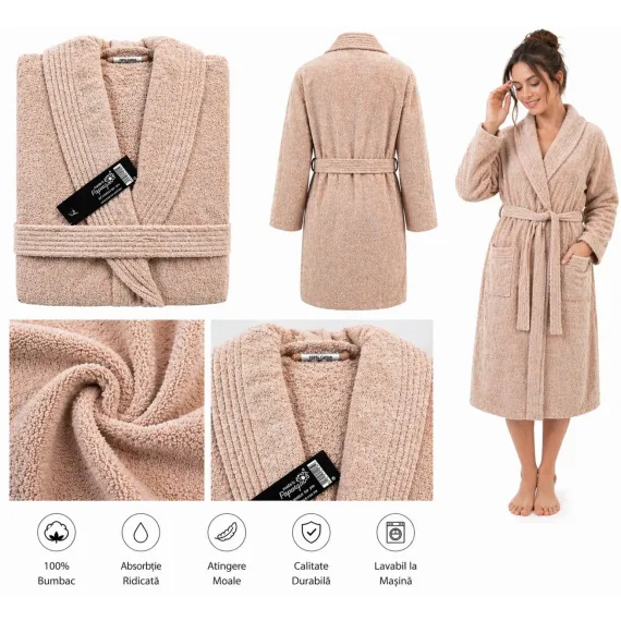 Set Complet Baie: 1 Halat Velur Mărime S/M și 2 Prosoape, Bej