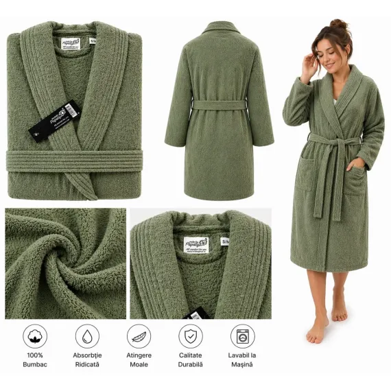 Set Complet Baie: 1 Halat Velur Mărime S/M și 2 Prosoape, Verde
