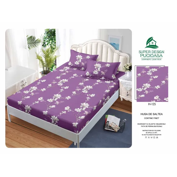 Set Husă de Pat cu Elastic și 2 Fețe de Pernă, Finet, 160x200 cm, Model Floral Violet (H-125)