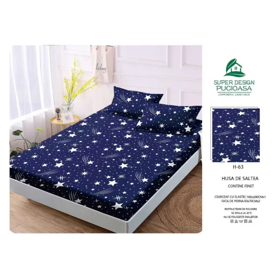 Set Husă de Pat cu Elastic și 2 Fețe de Pernă, Finet, 160x200 cm, Model Cer Înstelat (H-63)