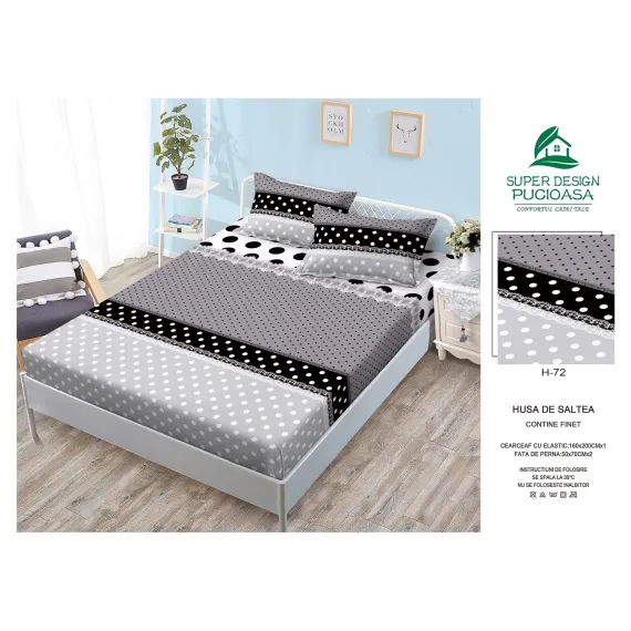 Set Husă de Pat cu Elastic și 2 Fețe de Pernă, Finet, 160x200 cm, Model Buline și Dantelă (H-72)