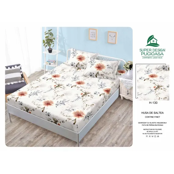 Set Husă de Pat cu Elastic și 2 Fețe de Pernă, Finet, 160x200 cm, Model Floral (H-130)