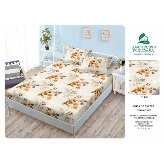 Set Husă de Pat cu Elastic și 2 Fețe de Pernă, Finet, 160x200 cm, Model Floral Elegant (H-131)