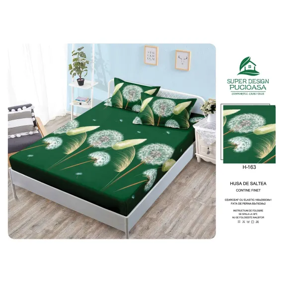 Set Husă de Pat cu Elastic și 2 Fețe de Pernă, Finet, 160x200 cm, Model Păpădii (H-163)