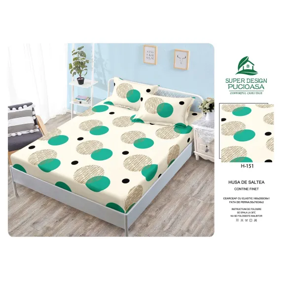 Set Husă de Pat cu Elastic și 2 Fețe de Pernă, Finet, 160x200 cm, Model Cercuri Abstracte (H-151)