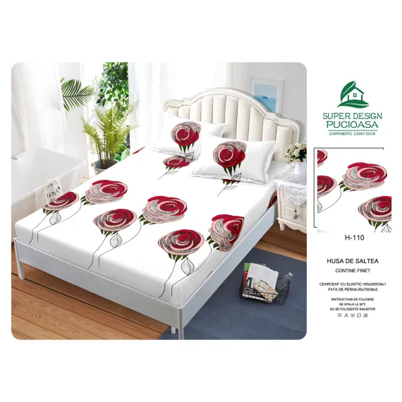 Husă cu Elastic din Finet, Brand Super Design Pucioasa, Model Trandafiri, 160x200 cm