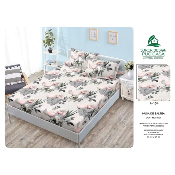 Husă cu Elastic din Finet, Brand Super Design Pucioasa, Model Flori, 160x200 cm
