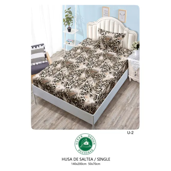 Set Husă de Pat cu Elastic și 1 Față de Pernă, Finet, 140x200 cm, Model Animal Print (U-2)
