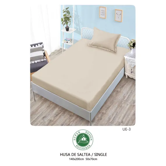 Set Husă de Pat cu Elastic și 1 Față de Pernă, Finet, 140x200 cm, Model Uni Bej (UE-3)