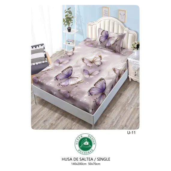 Set Husă de Pat cu Elastic și 1 Față de Pernă, Finet, 140x200 cm, Model Fluturi (U-11)