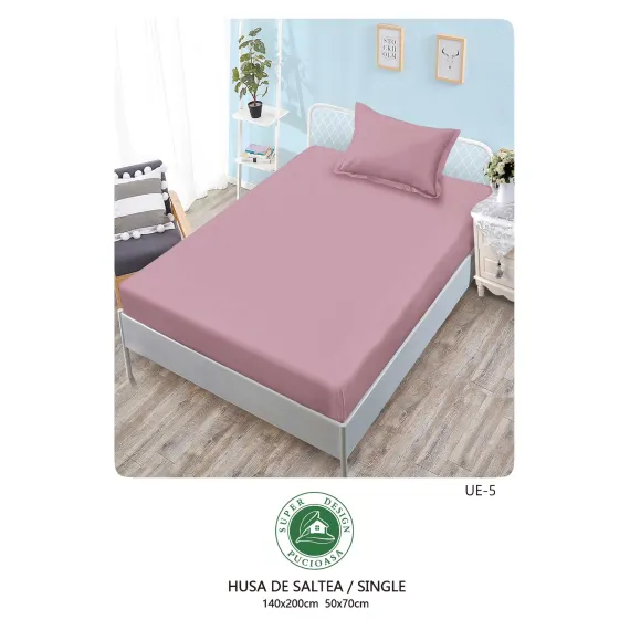 Set Husă de Pat cu Elastic și 1 Față de Pernă, Finet, 140x200 cm, Model Uni Roz Prăfuit (UE-5)